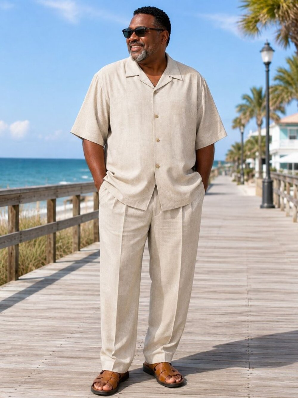 Yale Trouser Collection 2XL Cotton Linen Tan SS Button Front Shirt and Pants Set